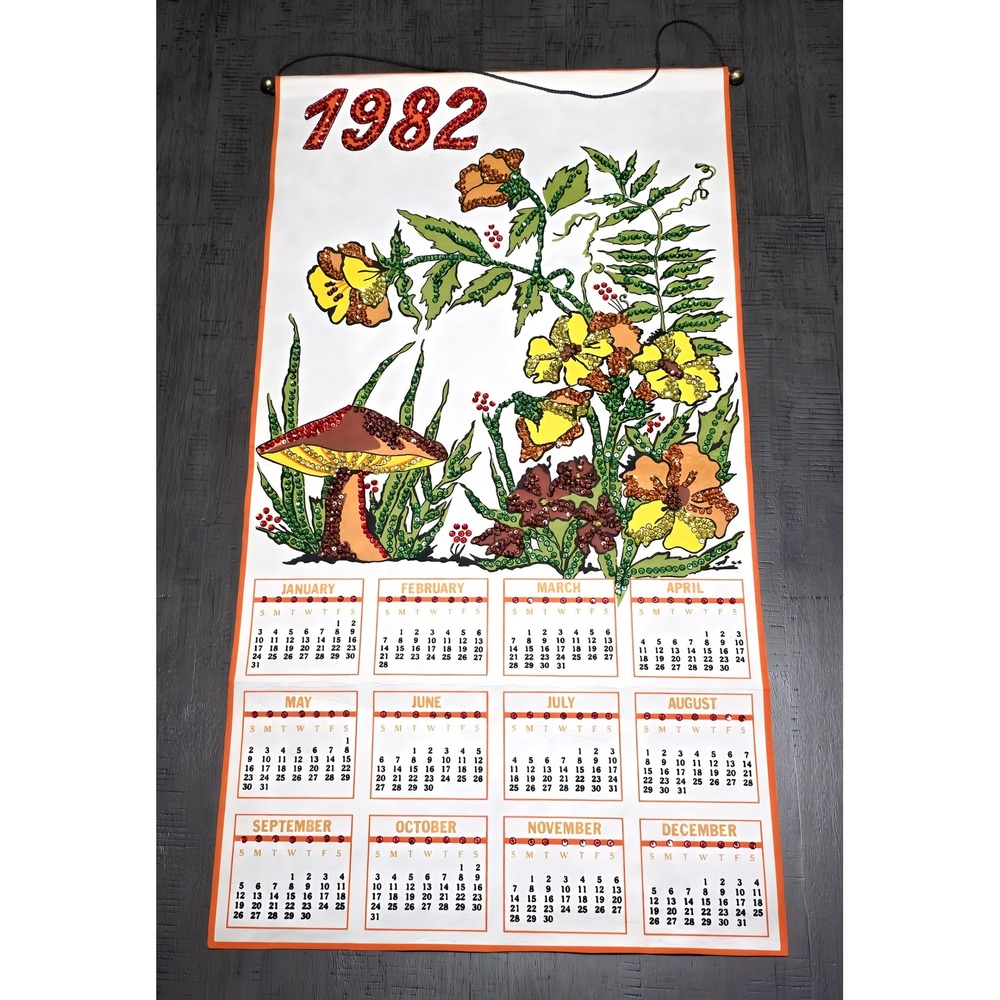 Vintage 1982 Felt‎ Wall Calendar with Sequins, Mushrooms & Floral Design